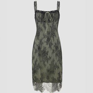 green + black floral lace knot front cami dress